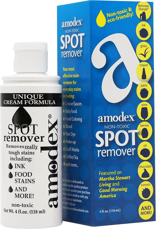 Amodex Ink & Spot Remover for Clothes, Leather and Skin - Removes Ink, Ballpoint, Sharpie, Grease and More, Works on Set-in Stains, Gentle but Powerful, 4oz/120ml Bottle