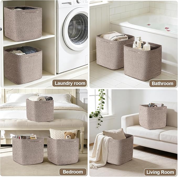 Storage Cubes 11 Inch Storage Baskets for Shelves, Cotton Rope Woven Baskets for Organizing, Cube Storage Square Bins for Toy, Playroom Decor, Classroom, Closet, Brown, 1pack