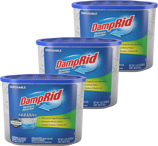 DampRid Fragrance Free Disposable Moisture Absorber with Activated Charcoal, 18 oz (Pack of 3) Moisture Absorber & Odor Remover, Lasts Up To 60 Days, No Electricity Required