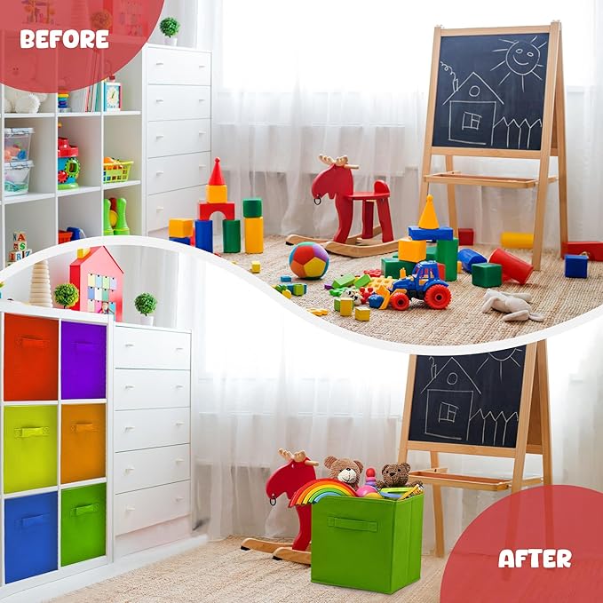 4E's Novelty 6 Packs 11 Inch Rainbow Color Storage Cube Bins, Colorful Storage Baskets For Nursery, Kids Room, Fabric Baskets For Toys, Clothes, Cube Bins for Classroom Organization & Storage
