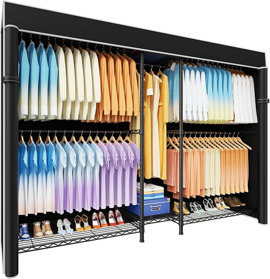 Ulif E12C Max Heavy Duty Closet Organizer System，Freestanding Clothing Rack, Adjustable Garment Rack 83" W x 16" D x 76.5" H Holds 1060 lbs, Black Clothing Rack with Black Dustproof Cover