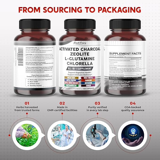 Premium All-in-1 Activated Charcoal, Zeolite, L-Glutamine & Chlorella – Supports Digestive Cleanse & Immune Wellness – 150 Capsules