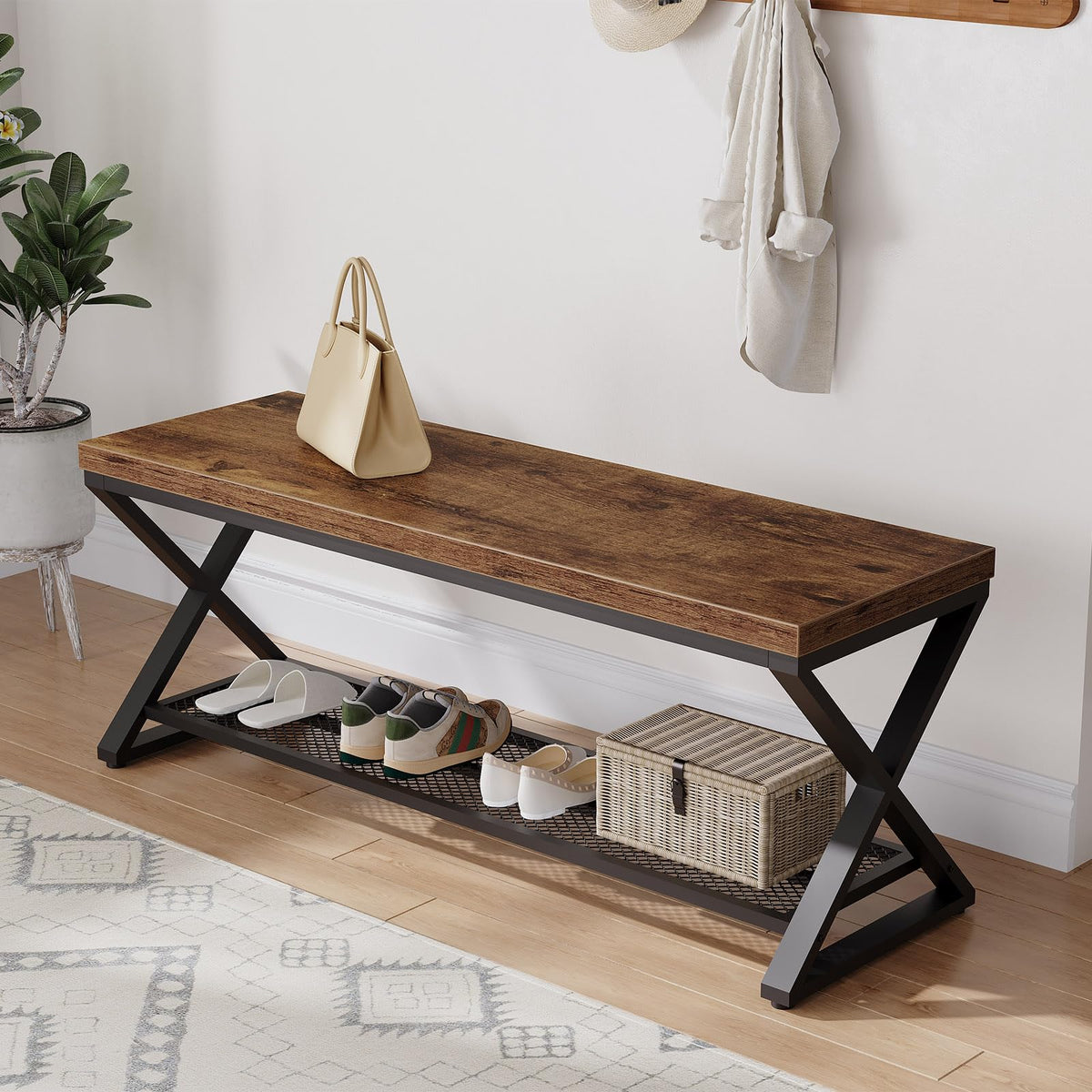 LVB Rustic Brown Entryway Bench, 47” Industrial Shoe Bench - Image 1
