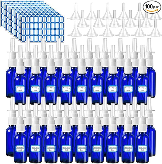 100 Pcs Nasal Spray Bottle, 1OZ/30ML Glass Bule Empty Nasal Spray Bottles Refillable with 20 Funnels and 20 Labels