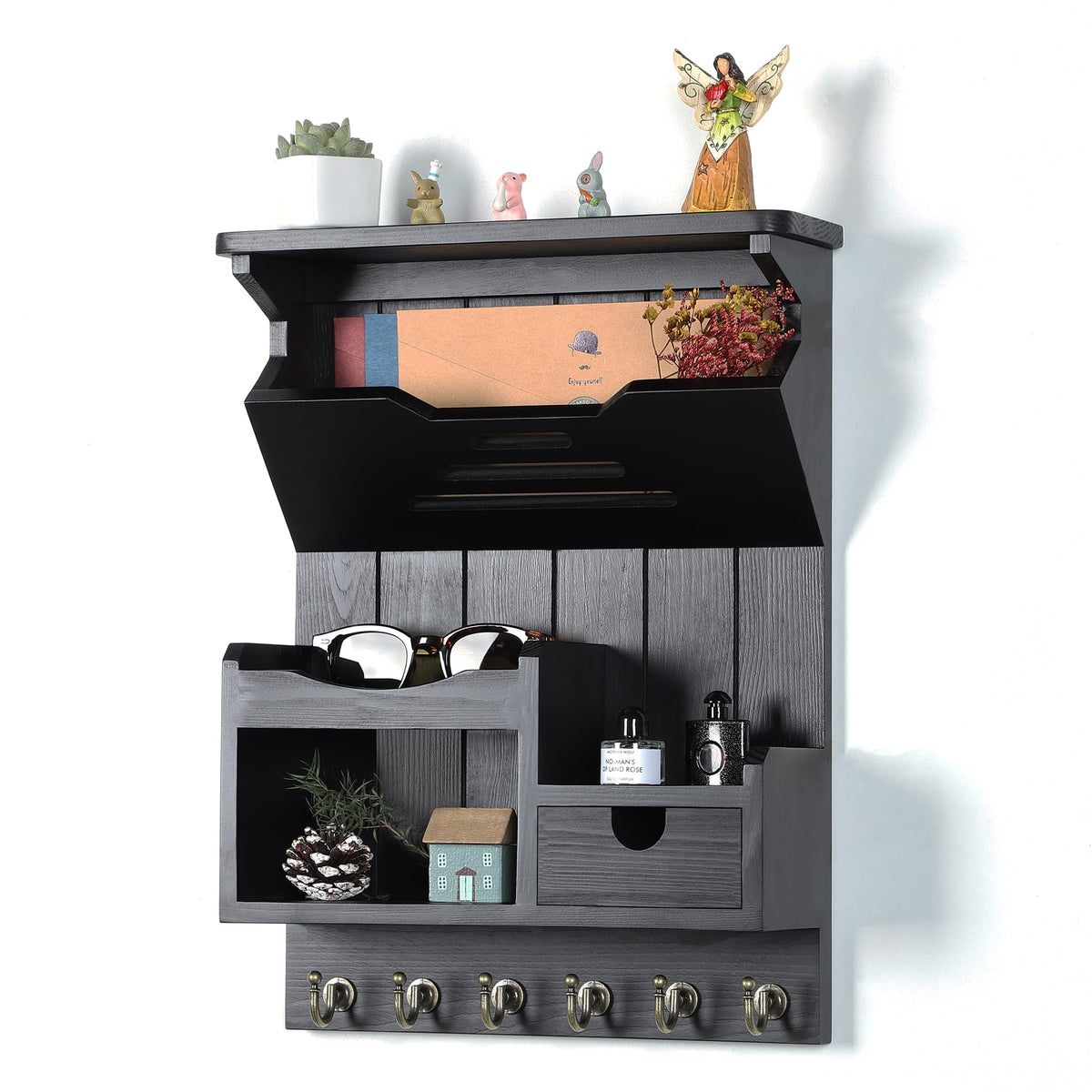 DOPACE Handcrafted Pine Wood Mail Organizer & Key Holder, Black - Image 1