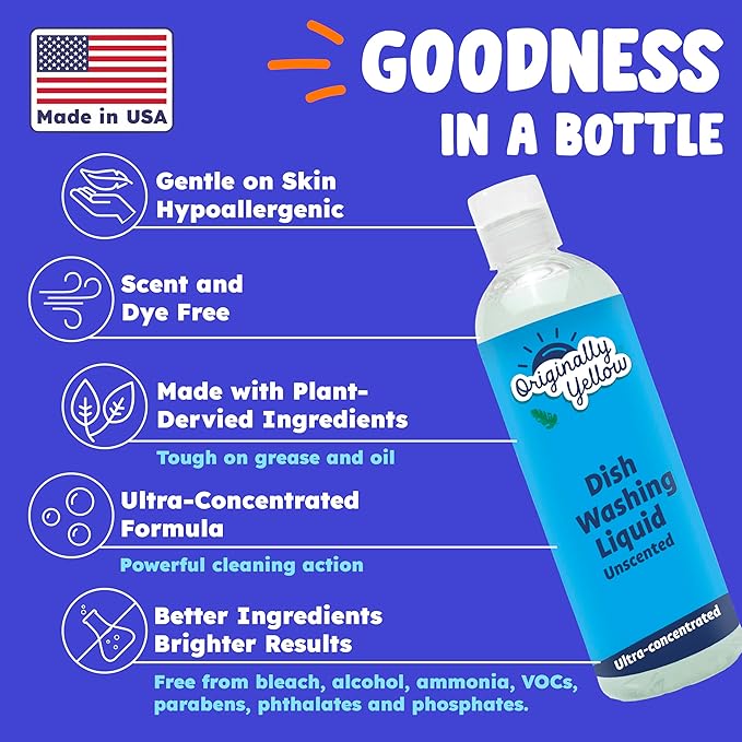 Originally Yellow USA Made Unscented Natural Dish Soap | Hypoallergenic Soap Great For Sensitive Skin as well as Pet & Baby Safe | Bulk 3 Pack