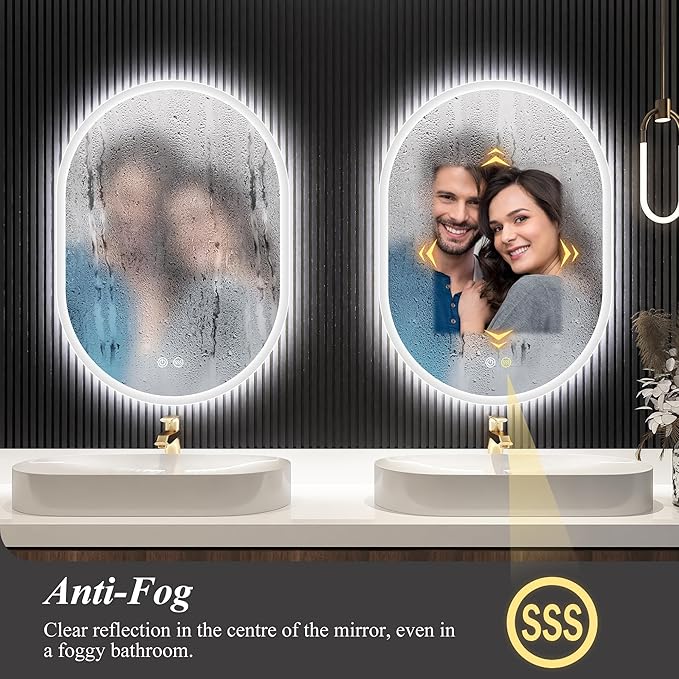 S'bagno 28x20 LED-Oval-Bathroom-Mirror, Wall-Mounted-Lighted-Bathroom-Mirror, Anti-Fog Dimmable Waterproof Vanity Mirror with Touch Switch with Lights, 3000K/4000K/6500K, Vertical or Horizontal