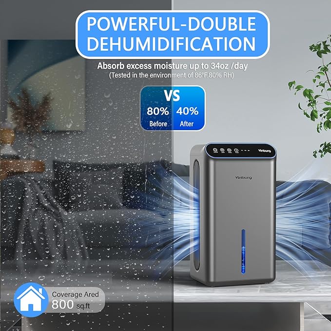 Dehumidifier for Basement (85 OZ, 800 sq ft) Quiet Dehumidifiers for Home, Auto Shut-Off, Sleep Mode, 3 Gear Timer(8H,16H,24H), Small Dehumidifier for Bedroom, Bathroom with Drain Hose (Shadow Silver)