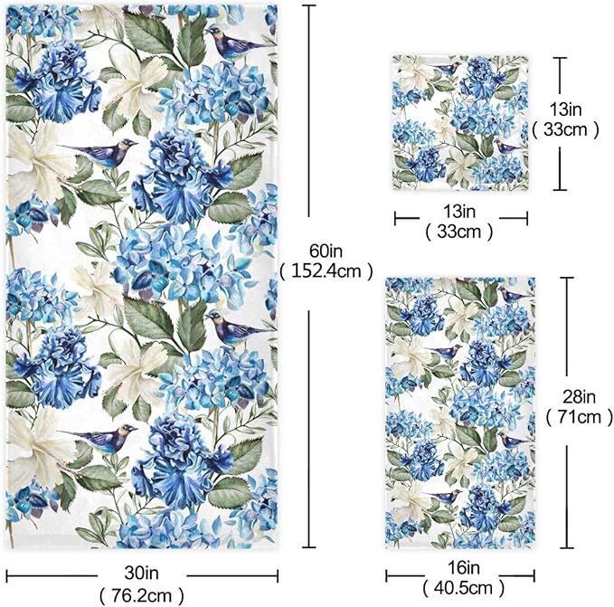 Blue White Floral Bath Towels Set,Absorbent Soft 3 Piece Spring Birds Hydrangea Hibiscus Flower Towels for Bathroom,1 Bath Towel 1 Hand Towel 1 Washcloth,Quick Dry Decoractive Bathroom Towels