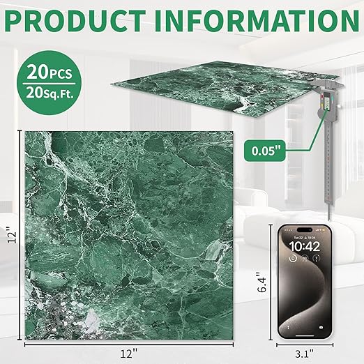 20 Pack Cover 20 Sq.Ft Peel and Stick Floor Tiles, 12” x 12” Self Adhesive Vinyl Flooring Easy DIY Installation for Kitchen, Living Room, Laundry, RV, Green Vein Marble