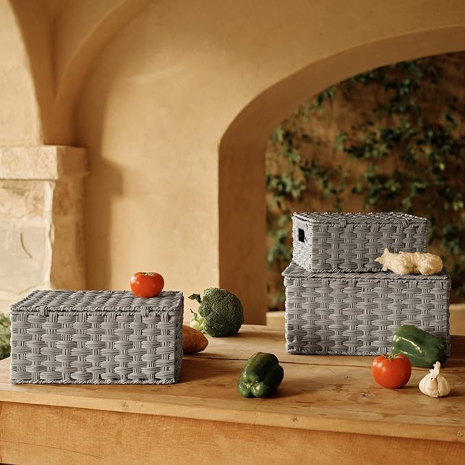 GRANNY SAYS Wicker Storage Baskets, Decorative Boxes with Lids, Set of 3 Nesting Wicker Baskets for Organizing, Gray, 3-Pack