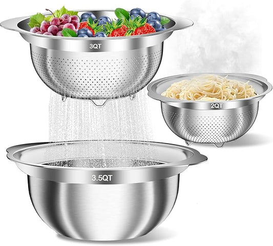 Stainless Steel Colanders with Mixing Bowl - 3.0QT & 2.0QT Strainer and Colander with Handle, 3.5QT Nesting Kitchen Bowl with Colander For Pasta, Vegetables, Fruit, Rice, 3PCS