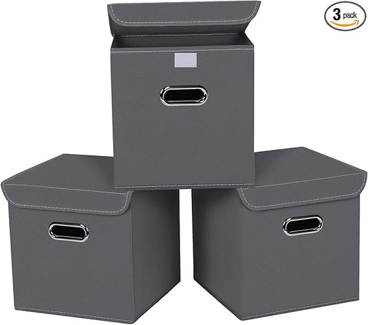 Closet Organizers Fabric Storage Bins With Lids Collapsible Cube Storages Organizer Basket With Handles,Storage Boxes for Clothes Storage,Office,Toys,3 Pack,（Grey