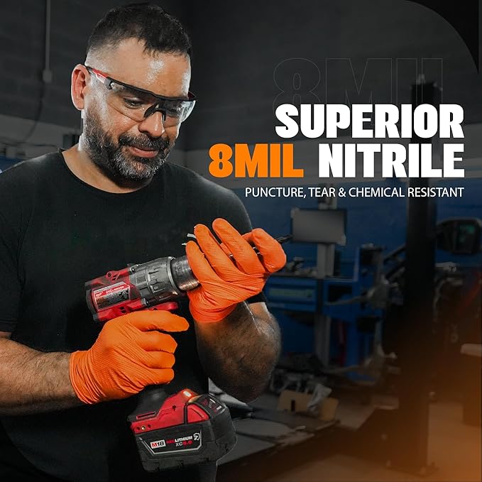 Herkules Grip Heavy Duty 8Mil Orange Nitrile Gloves,3D Raised Diamond Texture-Latex & Powder Free-Industrial, Mechanic (10, Medium)