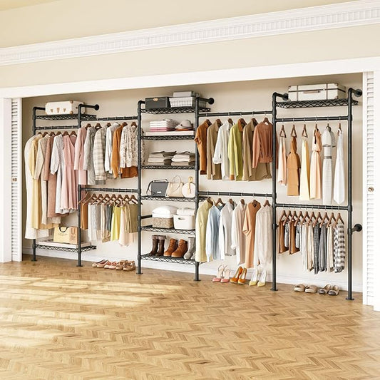 H5 Wall Mounted Closet System, Industrial Pipe Clothes Racks Clothing Rack with 4 Telescopic Rods & 3 Fixing Rods & 9 Shelves, Heavy Duty Closet Organizers and Storage in Wardrobe Closet (Black)