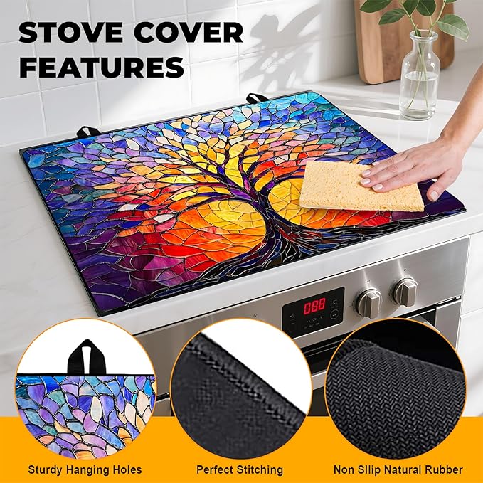Stove Top Cover Retro Flower Gas Stove Top Cover for Home Decoration Kitchen Pad Non-Stick Washable Cooktop Covers Countertop Protector Keep Stove Clean 28"x20" (Tree of Life-2)