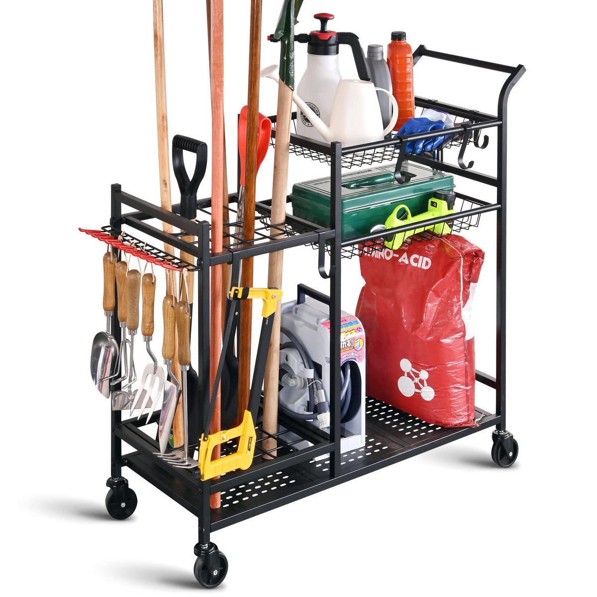 Rolling Garden Tool Organizer with Shelves and Hooks, Black - Image 1