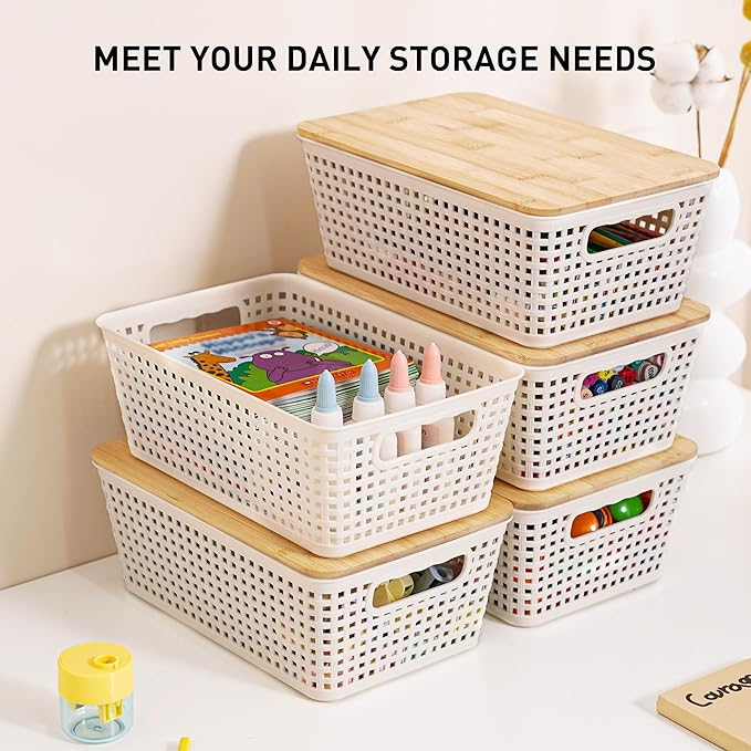 Storage Bins with Lids 8 Packs, Plastic Storage Bins with Bamboo Lids for Pantry Organization and Storage Containers for Shelves Drawers Desktop Closet Playroom Classroom Office Home, White