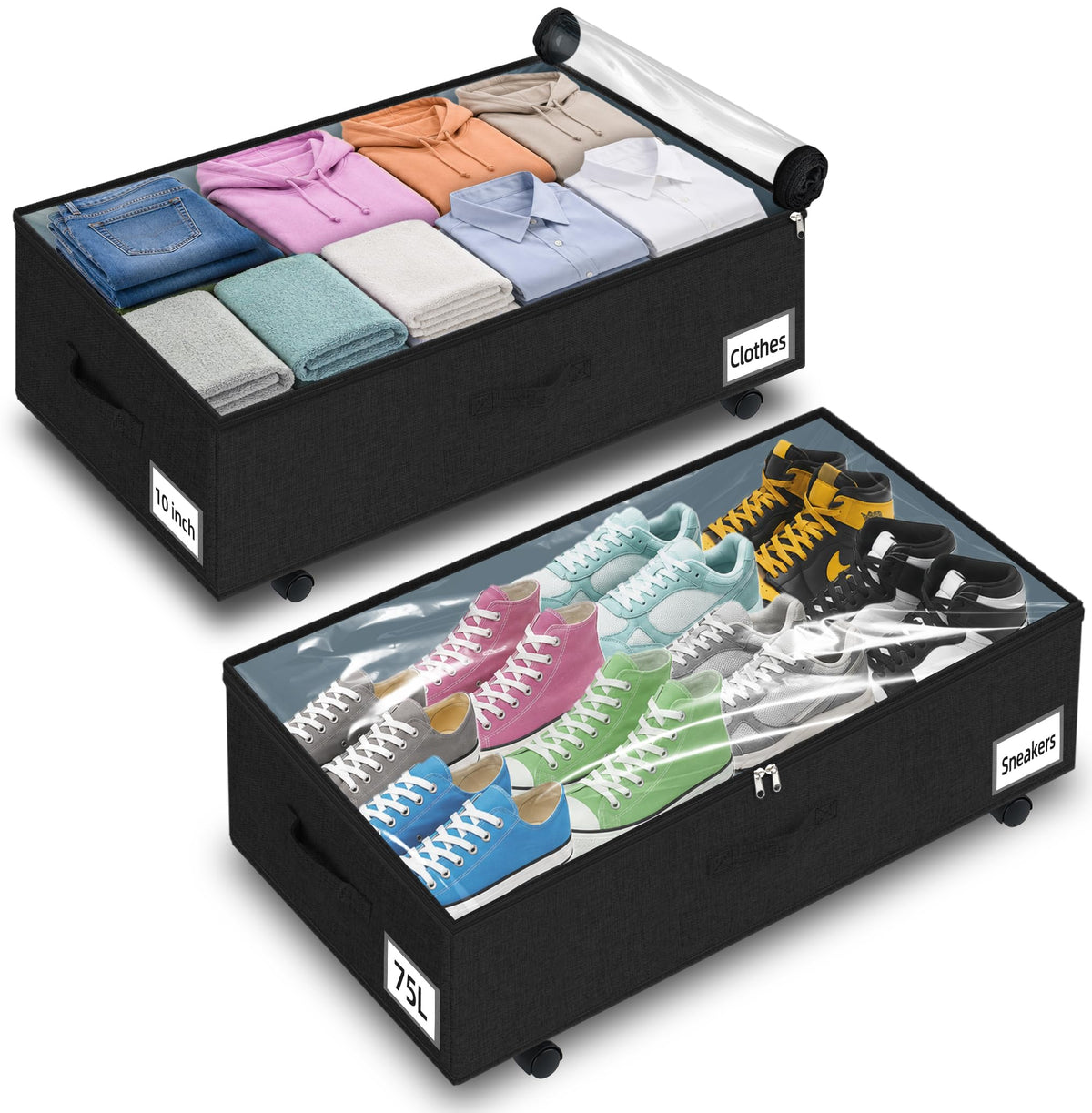 10-in 75L Low Profile Under Bed Storage with Wheels, 2 Pack,Black - Image 1