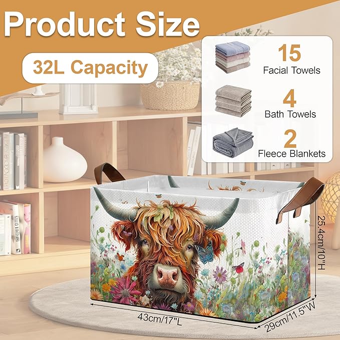 Flower Highland Cow Storage Bins with Handles, Collapsible Storage for Clothes, Gift Basket, Blankets & Closet Organization