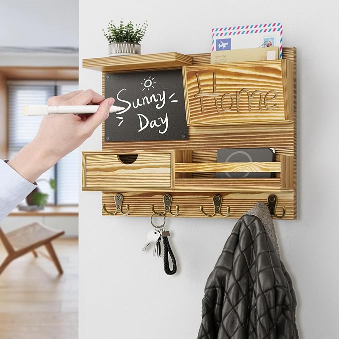 Farmhouse Key Holder for Wall with Mail Organizer - Easy Installation Wall Mount Organizer, Includes Chalkboard, Drawer, Wallet Holder & 4 Double Hooks, Ideal for Entryway, Quick Access - Light Brown