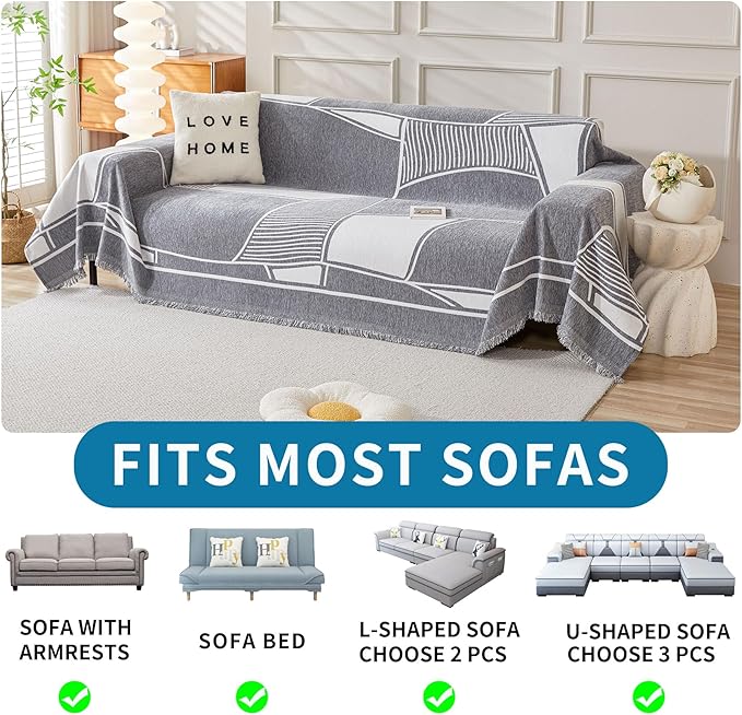 HAOMAIJIA Non Slip Couch Cover Sofa Covers for 3 Cushion Couch Washable sectional Couch Covers for Dogs pet Furniture Protector Couch Cover Blanket for Living Room (Grey-Cream, 91"x134")