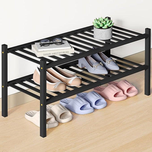Smiry Bamboo Shoe Rack for Closet, 2 Tier Wooden Stackable Shoe Organizer, Free Standing Shoes Storage Shelf for Entryway, Front Door Entrance, Black