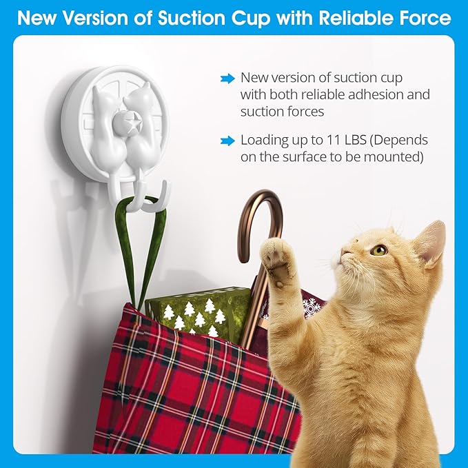 AST Cute Double-Cat Suction Cup Hook, 2 Pack, Heavy Duty Hooks, Upgraded Reliable Force of Both Adhesion and Vacuum, Wall Holders for Loofah, Towel, Coat and Bath Robe, Waterproof Hanger, Matte White