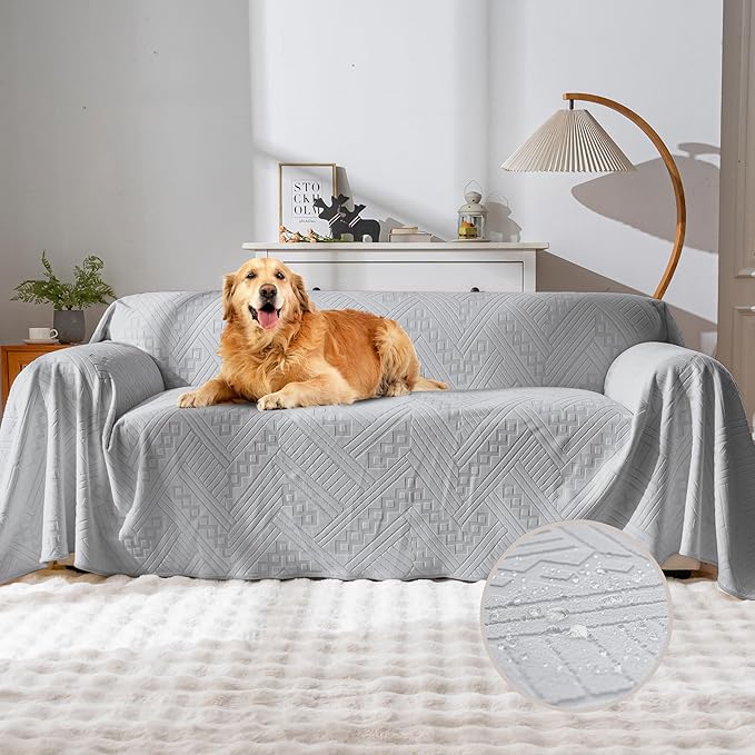 Waterproof Couch Cover, Reversible, Pet-Friendly, Washable and Anti-Slip Couch Covers for Sofa Protection with 4 Cushions, Sofa Slipcovers for Dogs and Cats (71×150in/Light Grey)