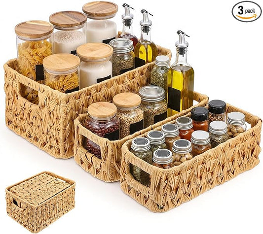3 Pcs Plastic Water Hyacinth Wicker Baskets, 2 Sizes Large Rectangular Woven Storage Baskets with Handles for Home Organizing