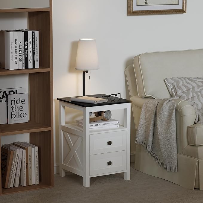 WOPITUES Nightstand with Charging Station, Farmhouse Night Stand with Drawers, Bedside Table, End Table for Bedroom, Living Room, Rustic White & Black