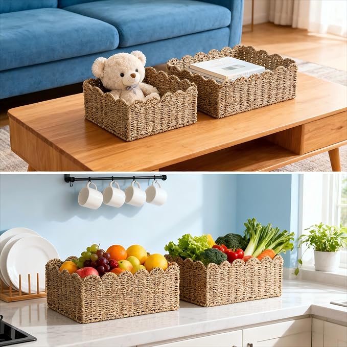 Scalloped Basket, Wicker Storage Baskets, Hand Woven Baskets for Shelves,Natural Baskets for Organizing (Seagrass(S-9.5" L x 9.5" W x 5.5" H))