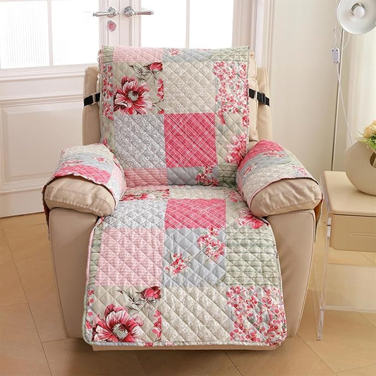 Cmfshape Skidproof Sofa Cover-Patchwork Sofa Slipcover with Elastic Straps-Easy Fit Slip Cover-Rose Washable Furniture Protector for Pets and Kids(Chair,Pink&Grey)