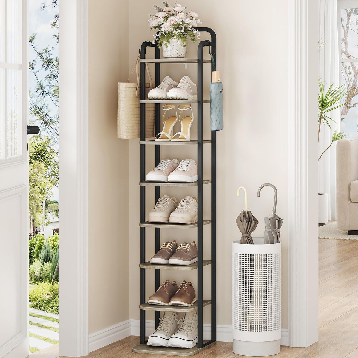 Hzuaneri 8 Tiers Vertical Shoe Rack, Tall Shoe Shelf with 2 Hooks - Image 1