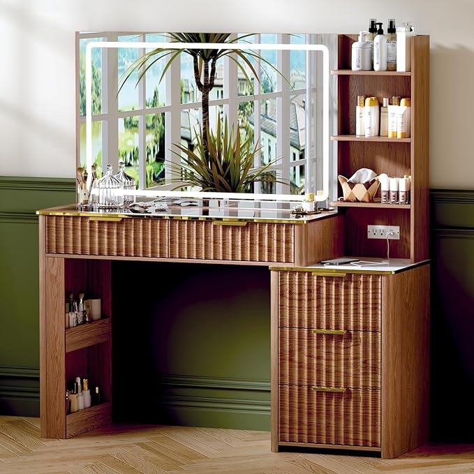 Modern Vanity Desk with Mirror and Lights, 49.2'' Fluted Makeup Vanity Desk with 5 Drawers and Shelves,Dressing Table with Glass Top and Power Outlet for Bedroom,Walnut