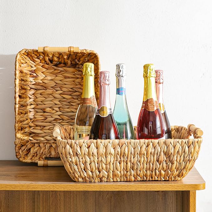 Woven Storage Baskets – Set of 2 Handwoven Water Hyacinth Wicker Baskets with Wooden Handles for Organizing, Decorative Baskets for Laundry Room, Home Decor - Large & Medium