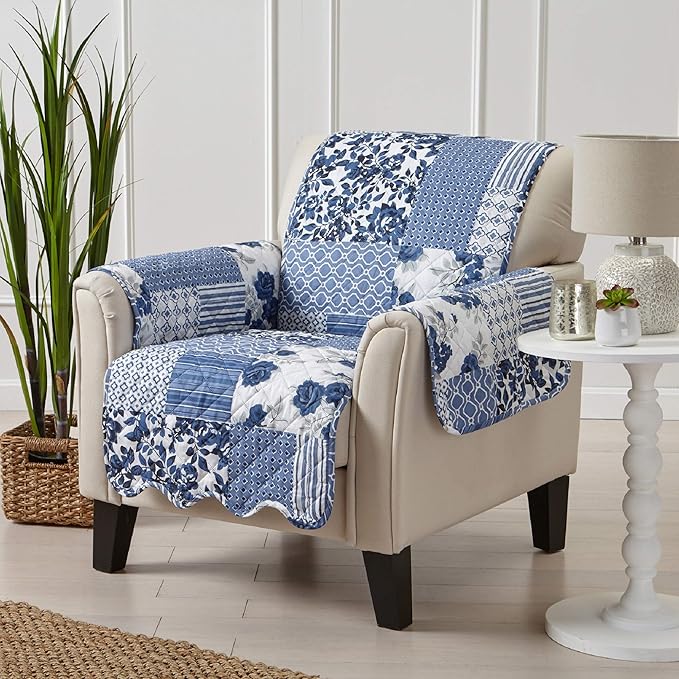 Great Bay Home Reversible Patchwork Chair Cover - Washable Slipcover Furniture Protector with Elastic Straps - Chair Cover for Dogs, Kids, and Pets - Box-Stitched Detail (Chair, Navy)