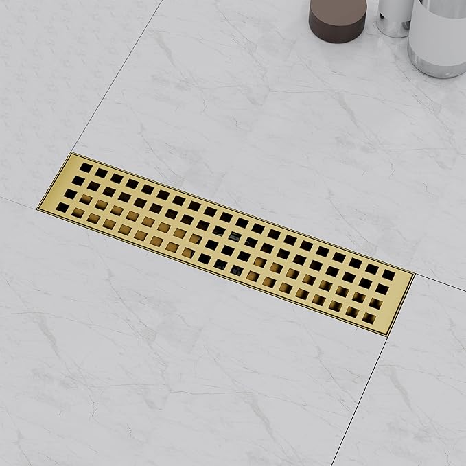 Linear Shower Drain 12 Inch, Modern Rectangle Shower Floor Drain with Removable Quadrato Pattern Grate, Stainless Steel SUS 304, Linear Drain with Leveling Feet& Hair Strainer