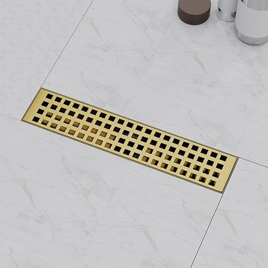 Linear Shower Drain 12 Inch, Modern Rectangle Shower Floor Drain with Removable Quadrato Pattern Grate, Stainless Steel SUS 304, Linear Drain with Leveling Feet& Hair Strainer