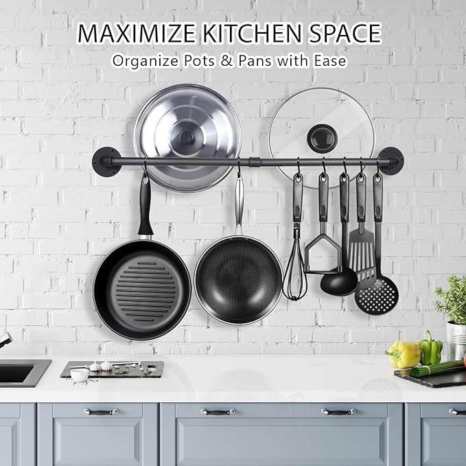 Aduanbang 37.8-Inch Wall-Mounted Pot Bar Rack, Detachable Kitchen Hanger for Pans, Lids & Utensils, Includes 14 S Hooks, Black