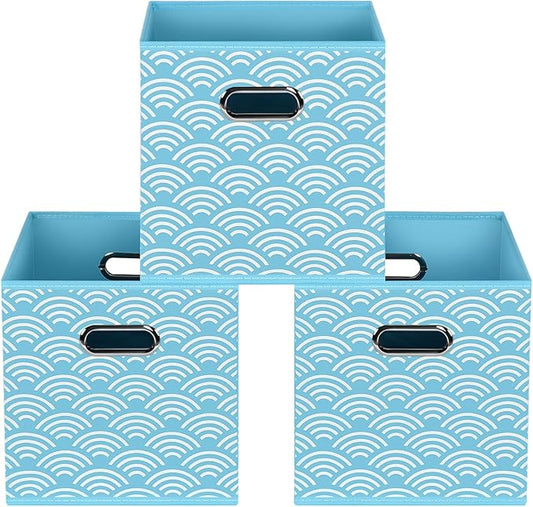 Fabric storage bins Cubes, Fabric Cube Organizer with Handle, Foldable Cube Bins for Cloth or Accessary Storage, 11x11x11, Set of 3, (Blue clouds)