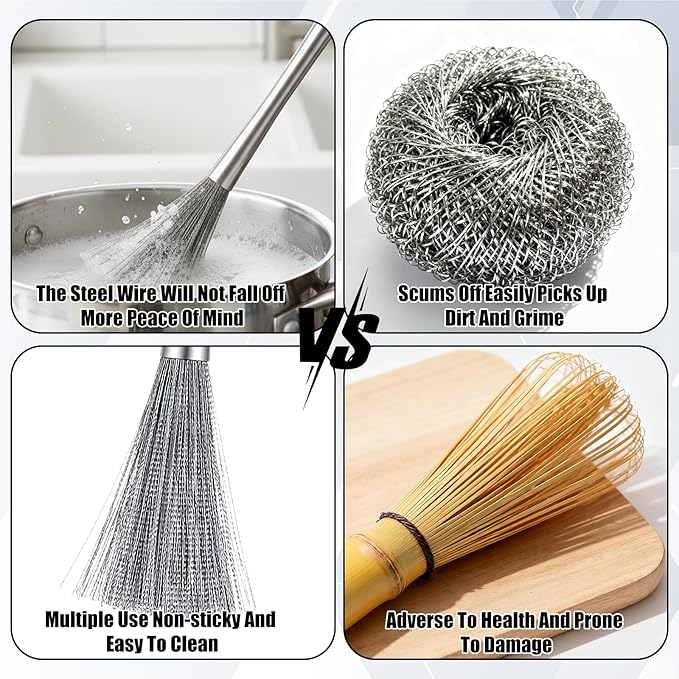 3 Pieces Stainless Steel Dish Brush with Handle, Metal Steel Wool Scrubber for Cast Iron, Cookware, Pot, Pan, Grill, Griddle, Stoves, Sink, Kitchen Scrub Brush for Cleaning