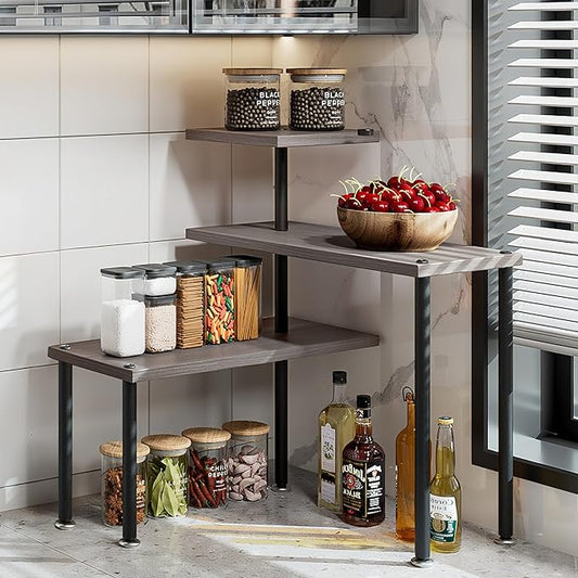 Countertop Organizer Organization 3 Tier Kitchen Corner Shelves Adjustable Spice Storage Rack for Bathroom Coffee Area Over Sink (Dark Gray Oak)