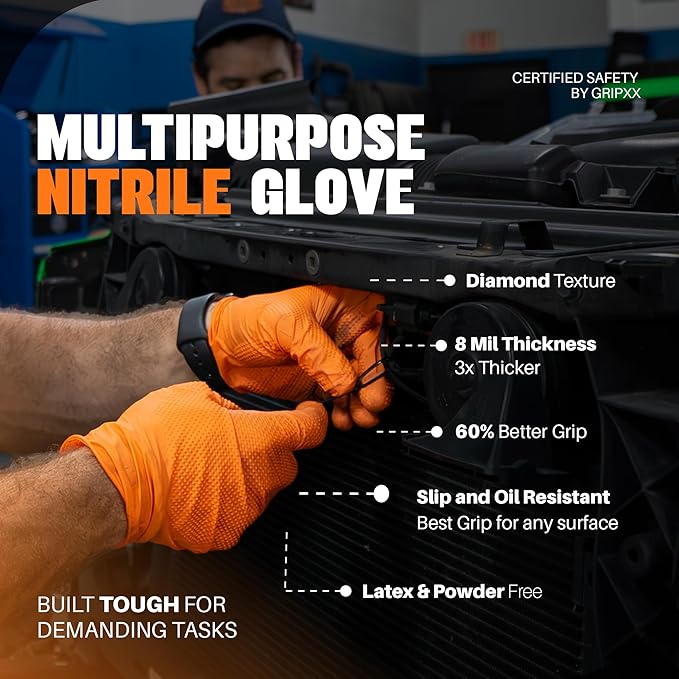 Herkules Grip Heavy Duty 8Mil Orange Nitrile Gloves,3D Raised Diamond Texture-Latex & Powder Free-Industrial, Mechanic (10, Medium)