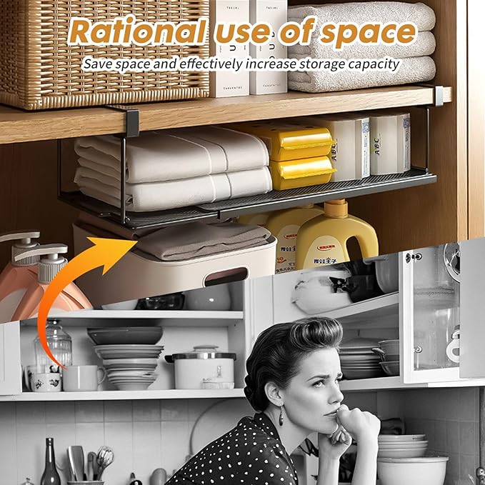 Expandable Hanging Under Shelf Storage Basket,Under Shelf Storage Basket Organizer,Under-Shelf Hanging Baskets for Cabinet,Pantry, Desk Organization,7.87" D x 14.96"-27.56W x 5.12" H,Black