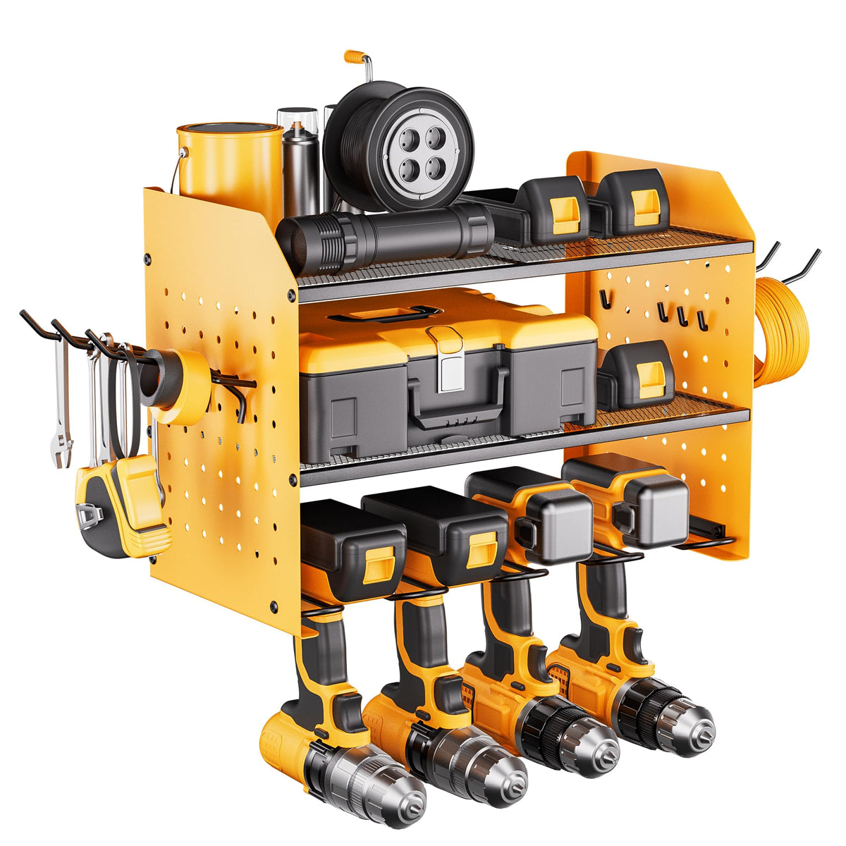 Power Tool Organizer Wall Mount, 3-Layer Drill Rack, Yellow - Image 1