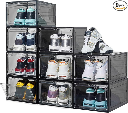 9 Pack X-Large Shoe Organizer, Thicken&Sturdy Shoe Storage Box with Clear Magnetic Door, Stackable Shoe Box with Solid Plastic, Shoe Organizer for Closet (Black)