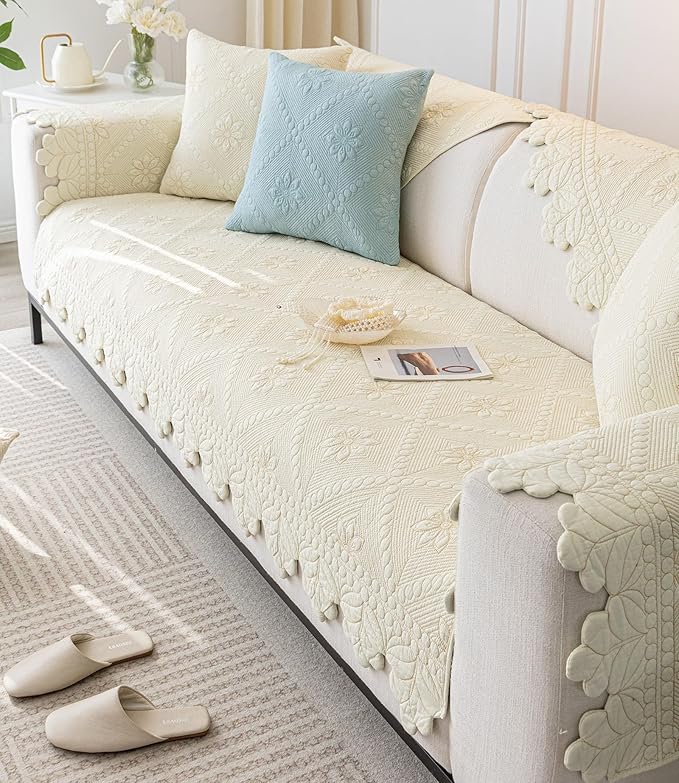 Cotton Quilted Dog Couch Cover for Sofa Farmhouse Rustic Embroidery Sectional Couch Cover Soft Anti-Slip Sofa Slipcover Furniture Protector for Kids, Pets (Ivory,28"x28")