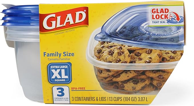 Glad GladWare XL Square Food Storage Containers, Family Size Meal Container with Lock Tight Seal for Leftovers and Meal Prep, Reusable and Dishwasher Safe, 104 Oz, 3 Count - 3 Pack