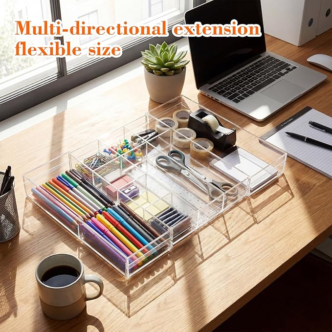 1 Pcs Acrylic Desk Drawer Organizer 2 Inch Height Expandable Drawer Organizer Trays with 10 Adjustable Compartments Desk Accessories for Makeup Silverware Office Bathroom(Clear)